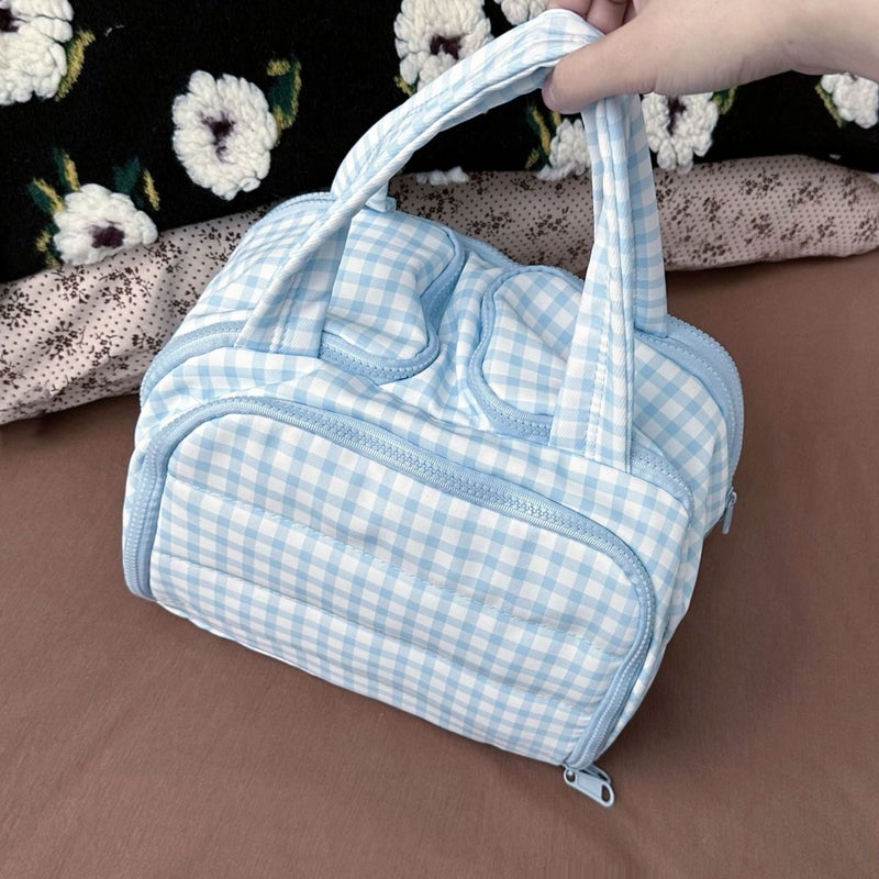 Blue Plaid Cosmetic Bag Women'S Double Wide Opening Large Capacity Travel Portable Partitioned Washing Storage Bag - Image 5
